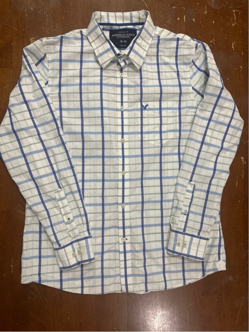 American Eagle Outfitters Vintage Fit White & Blue Plaid Shirt 100% Cotton